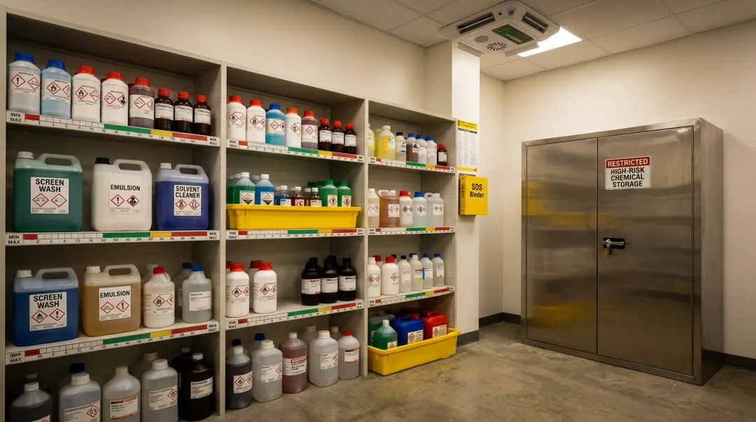 Screen printing chemical storage area with ventilation systems and safety data sheet postings
