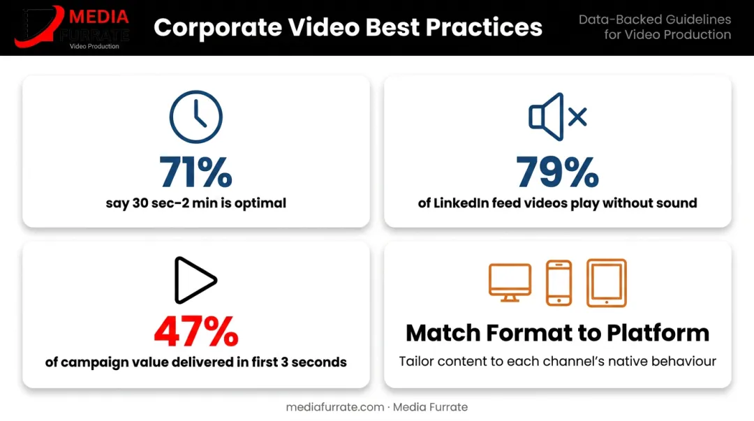 Corporate video best practices statistics showing optimal length silent viewing and hook data