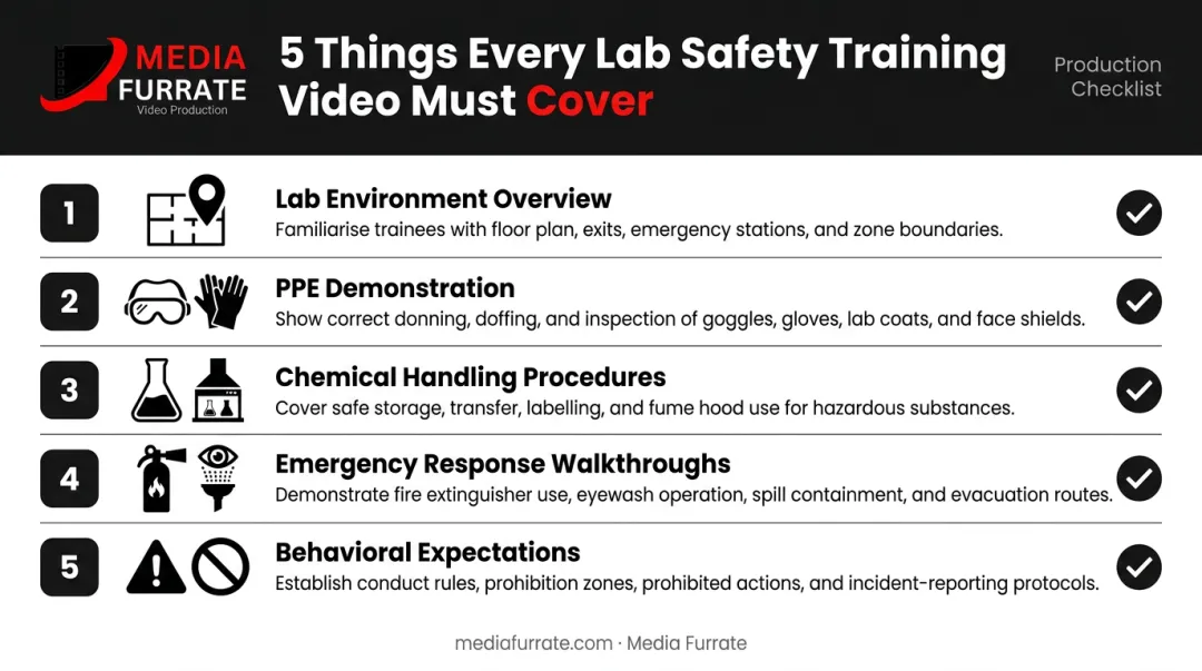 Five essential topics covered in effective lab safety training video infographic