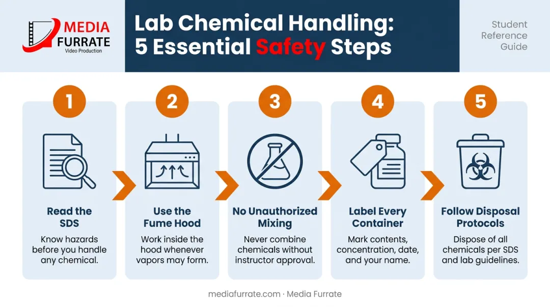 5-step chemical handling safety process for laboratory students infographic