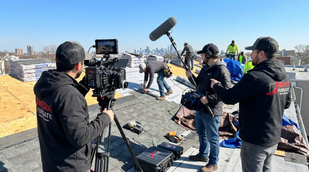 Media Furrate video crew filming roofing safety training on actual rooftop location