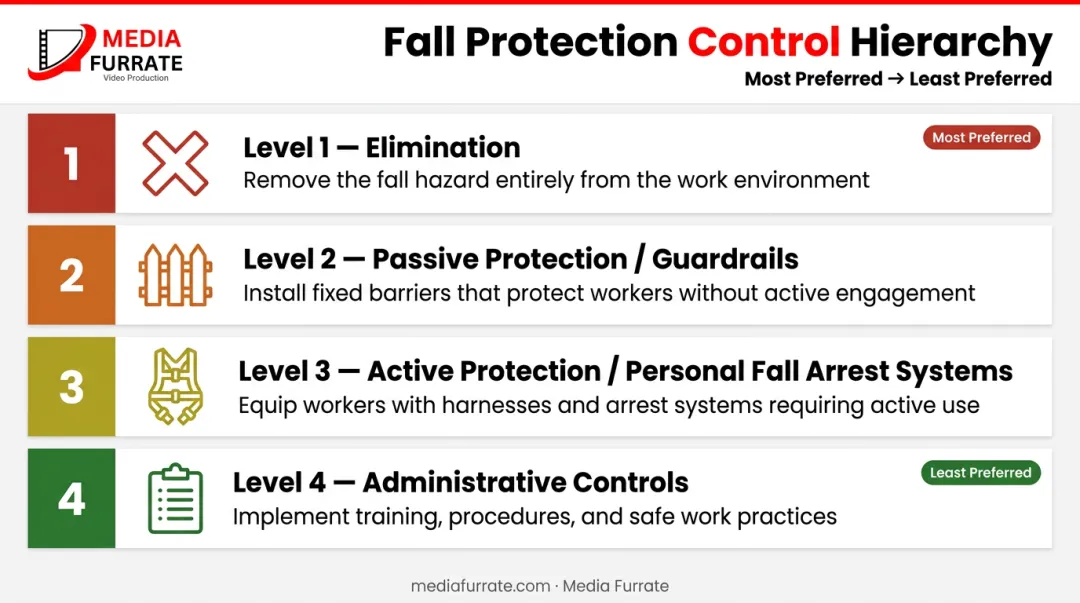 Four-level fall protection control hierarchy from elimination to administrative controls