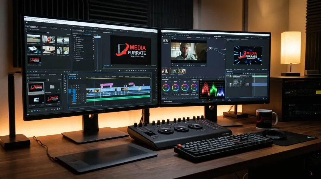 Video post-production editing suite with motion graphics and color grading on monitors