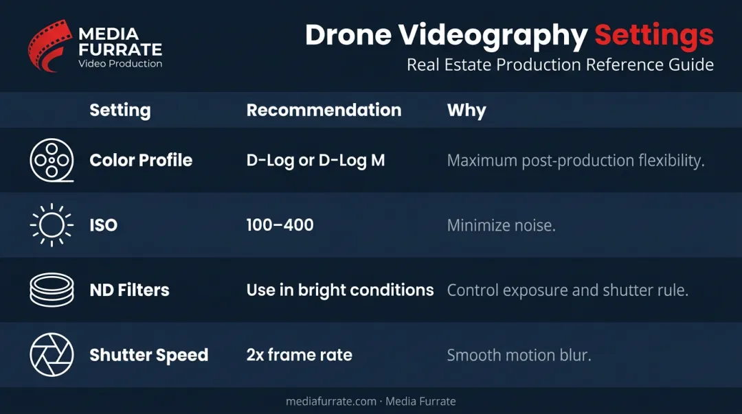 Drone camera settings guide for real estate video shoots infographic