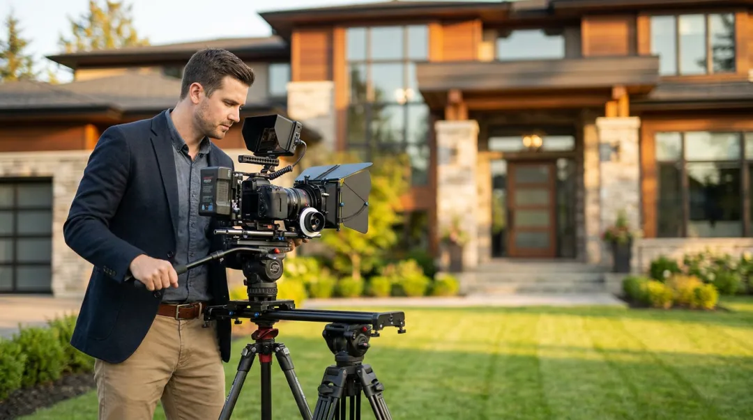 Real estate agent filming luxury home listing video with professional camera equipment