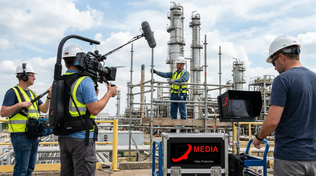 Industrial safety training video production crew filming at petrochemical facility worksite