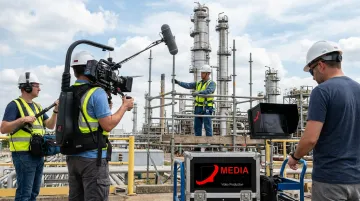 Industrial safety training video production crew filming at petrochemical facility worksite