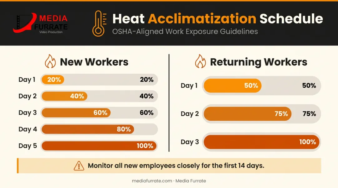 NIOSH worker heat acclimatization schedule showing daily exposure increase percentages