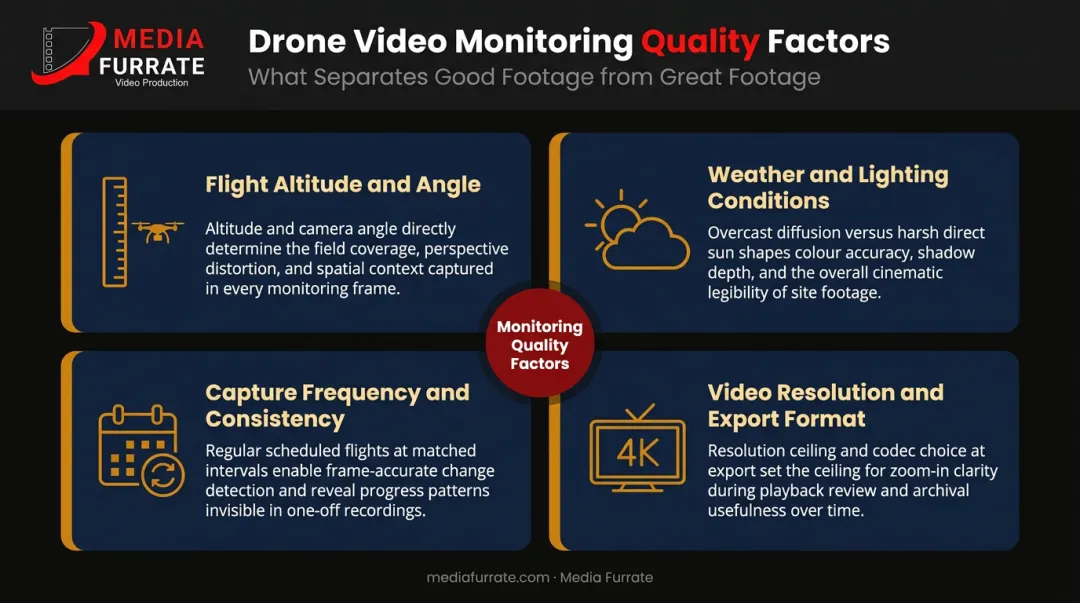 Four key drone video monitoring variables affecting construction documentation quality infographic