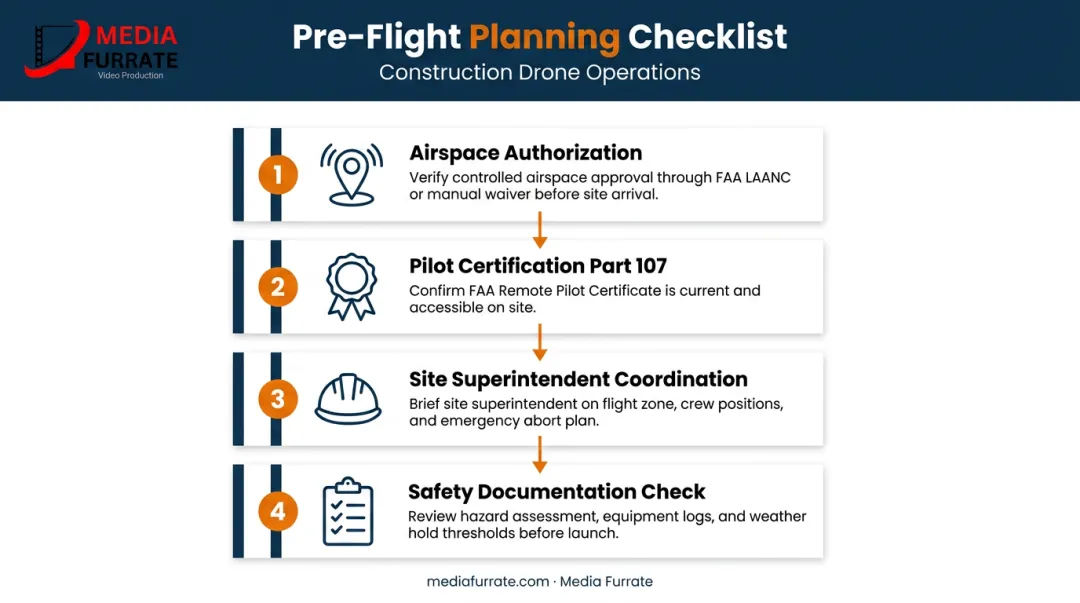 Pre-flight drone construction site planning checklist with 4 key compliance steps