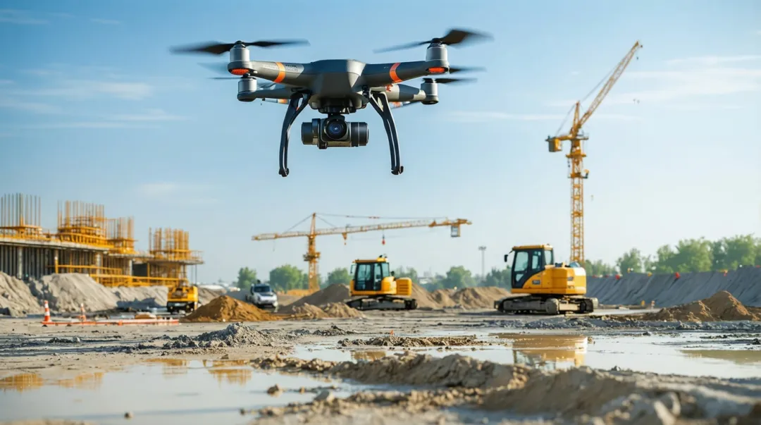 Professional enterprise drone with 4K camera hovering over active construction site