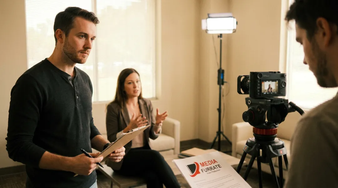 Producer conducting relaxed documentary-style interview with customer on camera