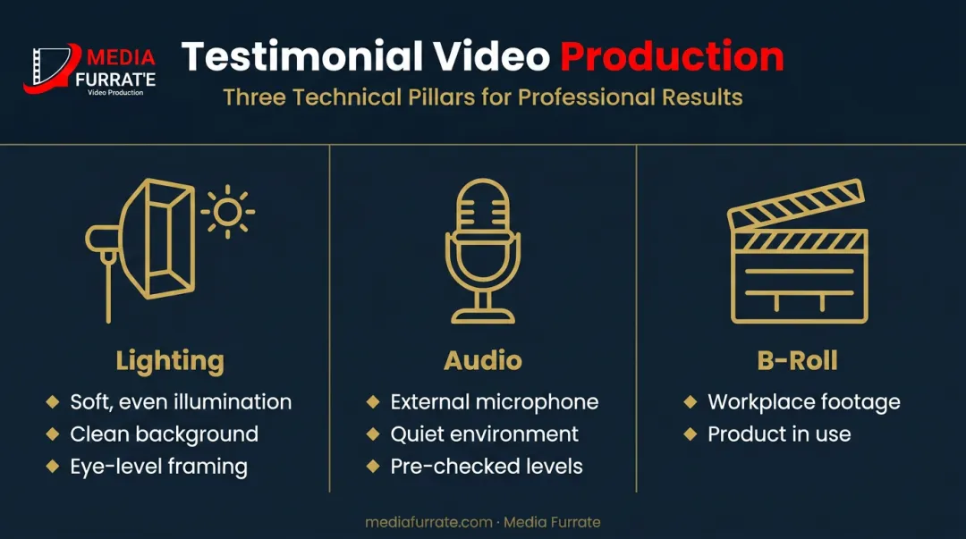 Testimonial video production essentials lighting audio and b-roll checklist infographic