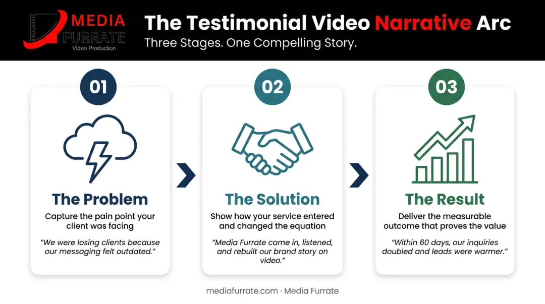 Three-part testimonial video story arc problem solution result framework