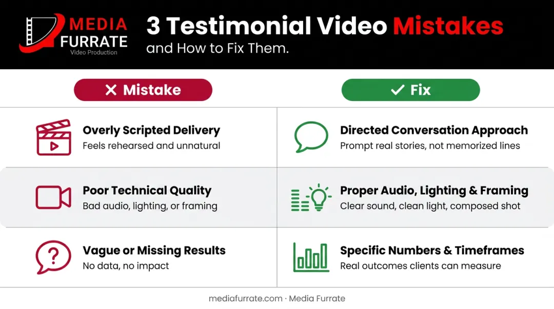 Three common testimonial video mistakes and how to avoid them comparison infographic