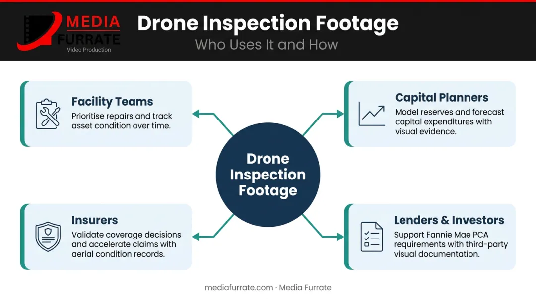 Drone inspection documentation flow across four commercial real estate stakeholders