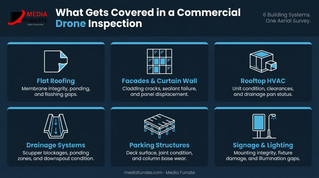 Six commercial building systems inspected by drone survey infographic