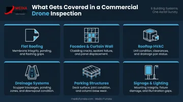 Six commercial building systems inspected by drone survey infographic