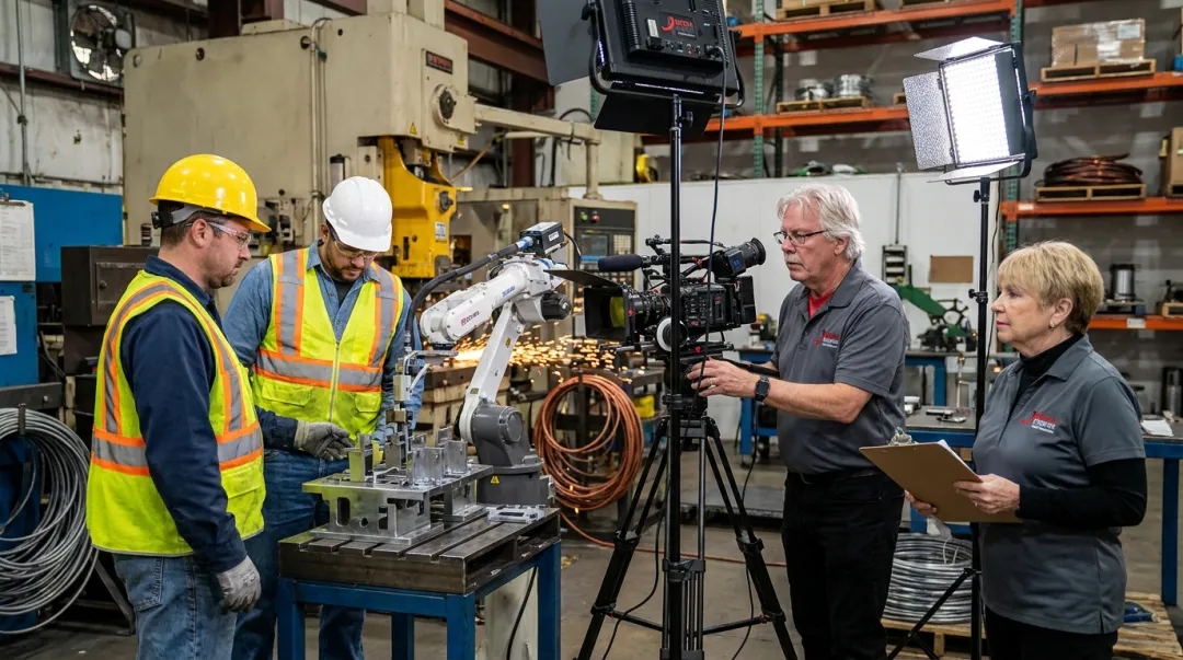 Media Furrate production team filming enterprise video on location with professional equipment