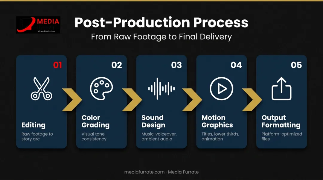 5-stage video post-production process flow from raw footage to platform-optimized final delivery