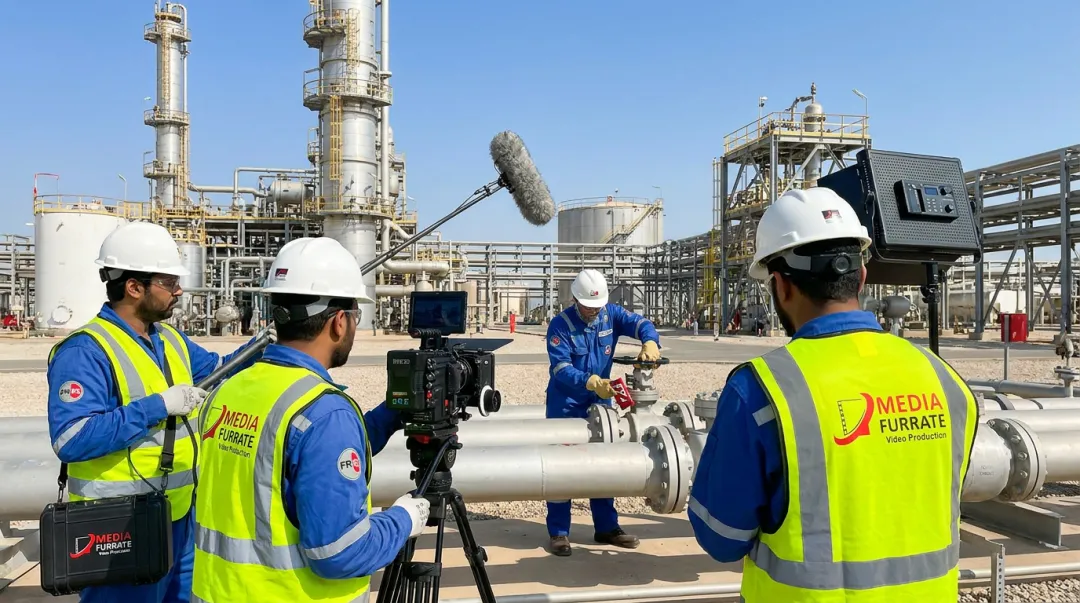 Industrial safety video production crew filming on active oil and gas facility site