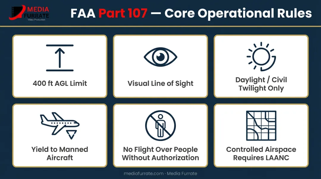 FAA Part 107 commercial drone rules key operational requirements summary infographic