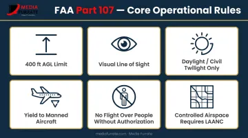 FAA Part 107 commercial drone rules key operational requirements summary infographic