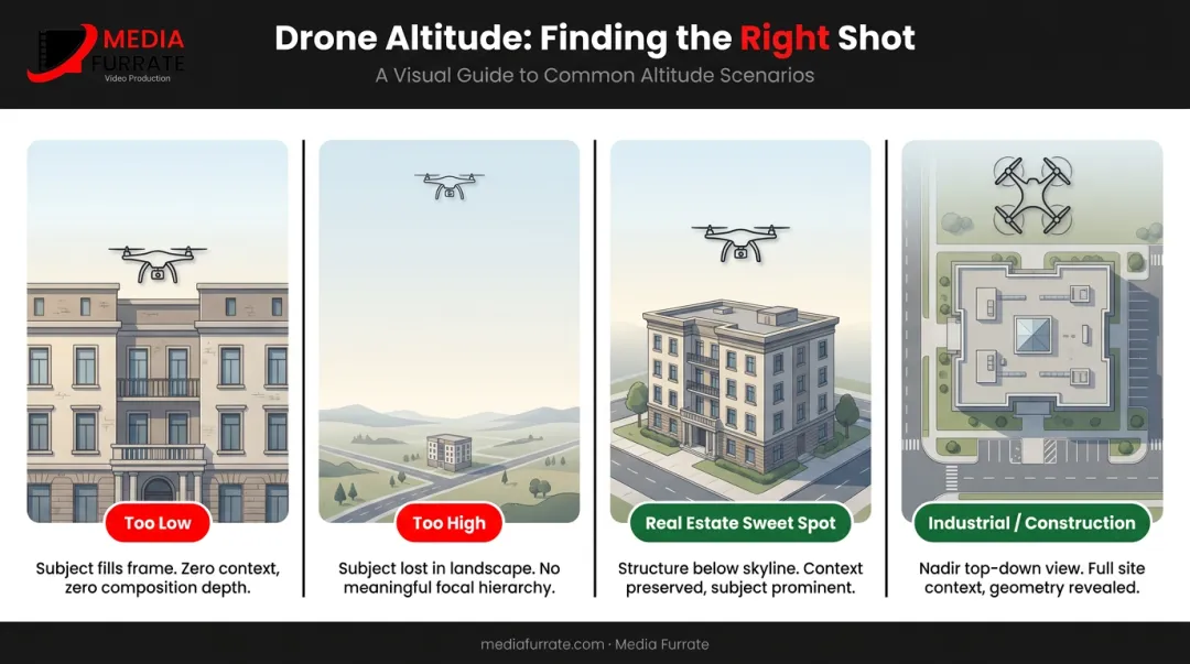 Drone flight altitude comparison chart showing low high and optimal positioning
