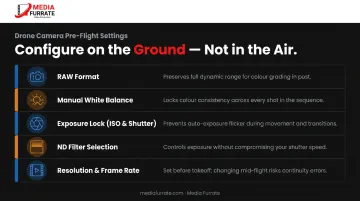 Drone camera settings configuration checklist infographic for aerial photography