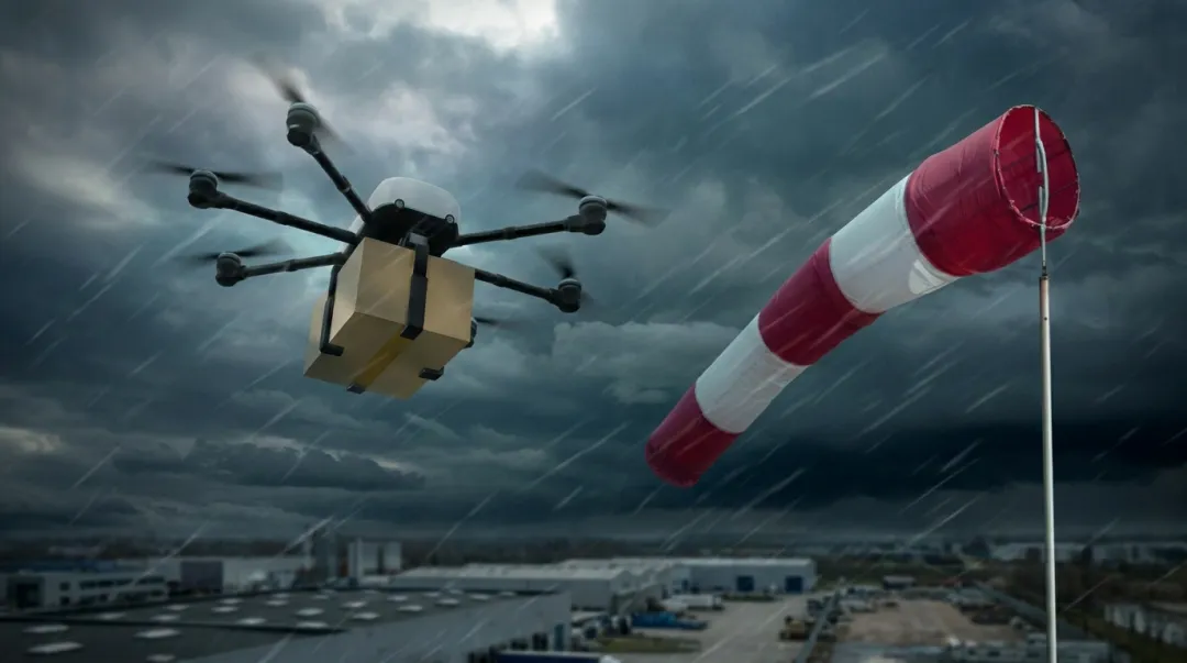 Drone flying in windy conditions with visible gimbal stabilization over industrial site