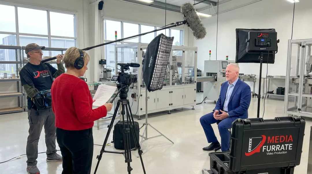Media Furrate small production crew filming corporate interview on location