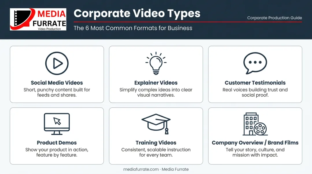 Six common corporate film types visual overview with icons and descriptions