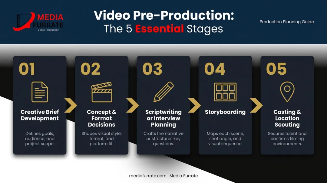 Five-step corporate film pre-production process flow from brief to location scouting