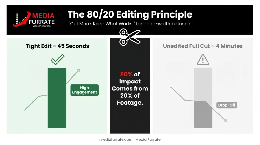 80/20 editing rule comparing 45-second versus 4-minute testimonial video performance