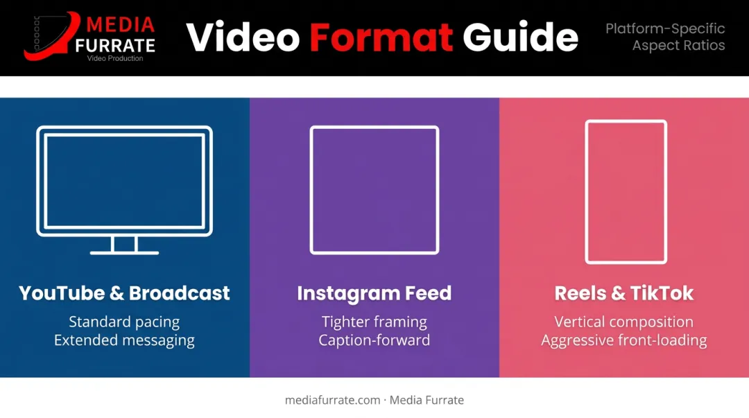 Three video aspect ratios platform guide comparing 16x9 1x1 and 9x16 formats