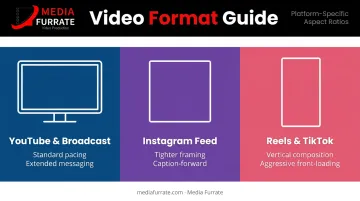 Three video aspect ratios platform guide comparing 16x9 1x1 and 9x16 formats