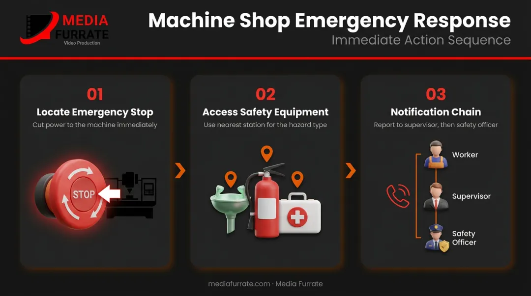 Machine shop emergency response steps including E-stop eyewash and notification chain
