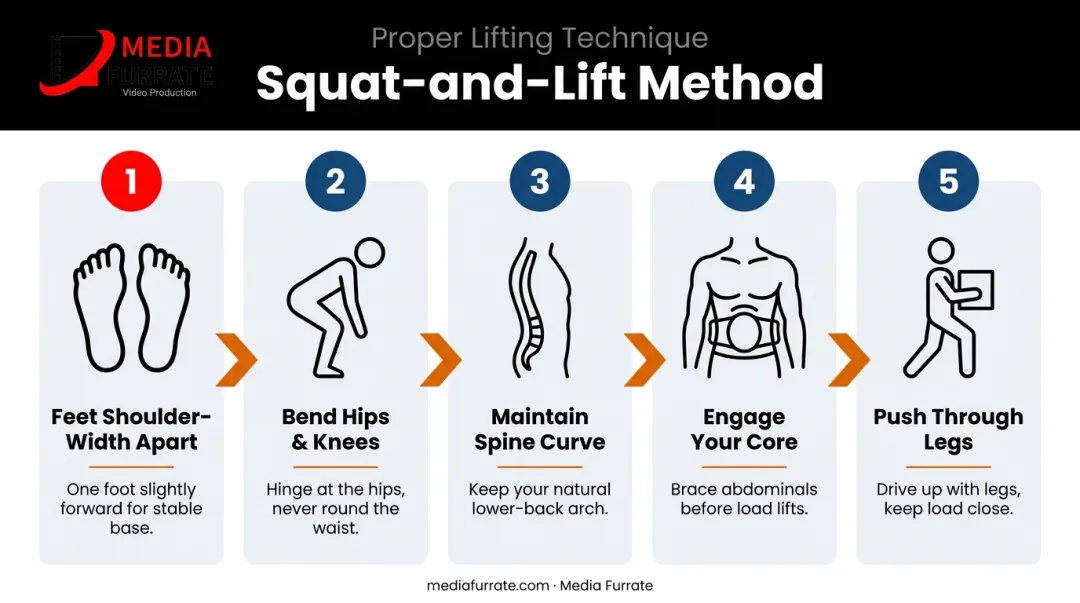 5-step proper squat-and-lift technique process flow infographic