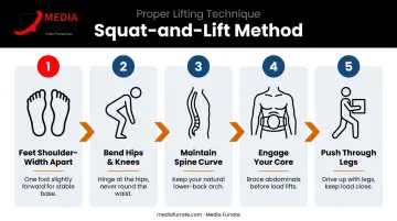 5-step proper squat-and-lift technique process flow infographic