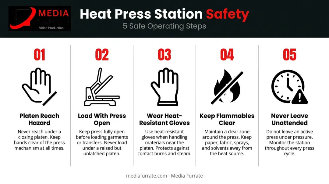 Heat press safe operating procedure steps for burn and pressure injury prevention