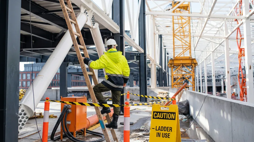 Worker on ladder near electrical hazard with safety barricade at worksite