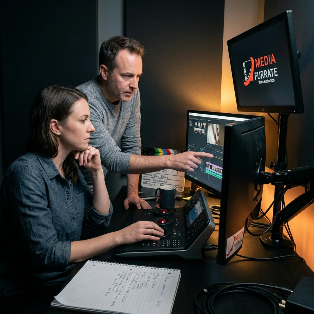 Video editor reviewing footage in a production studio