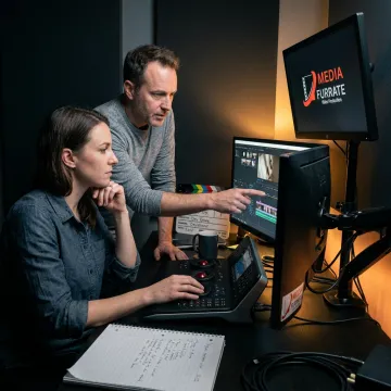 Video editor reviewing footage in a production studio