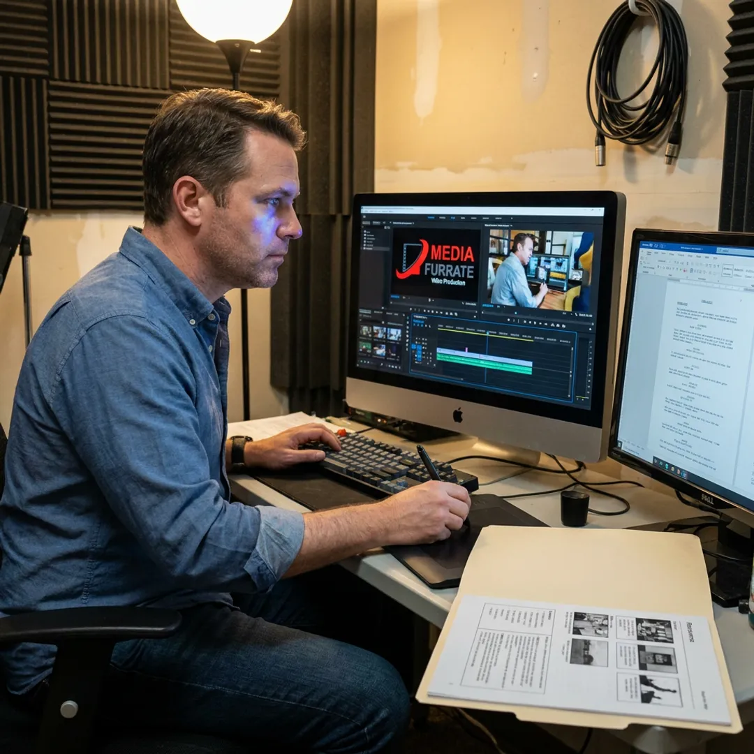 Production team reviewing safety awareness video footage