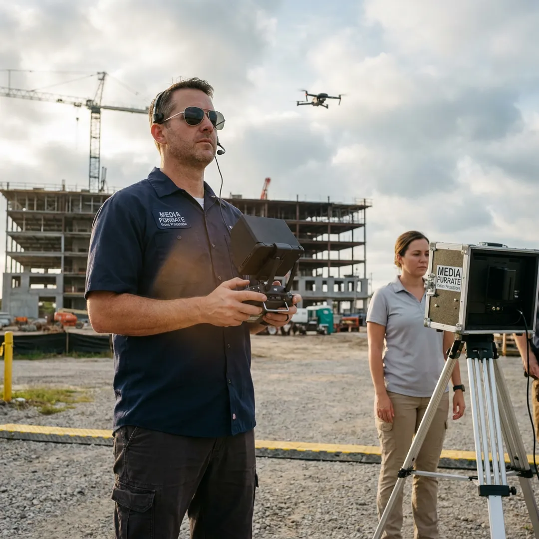 Drone filming an active construction site