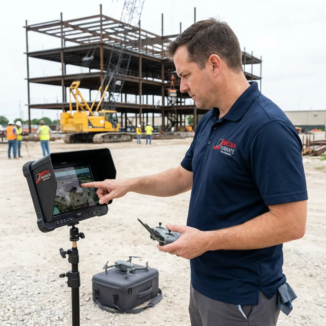 Drone pilot reviewing construction site footage