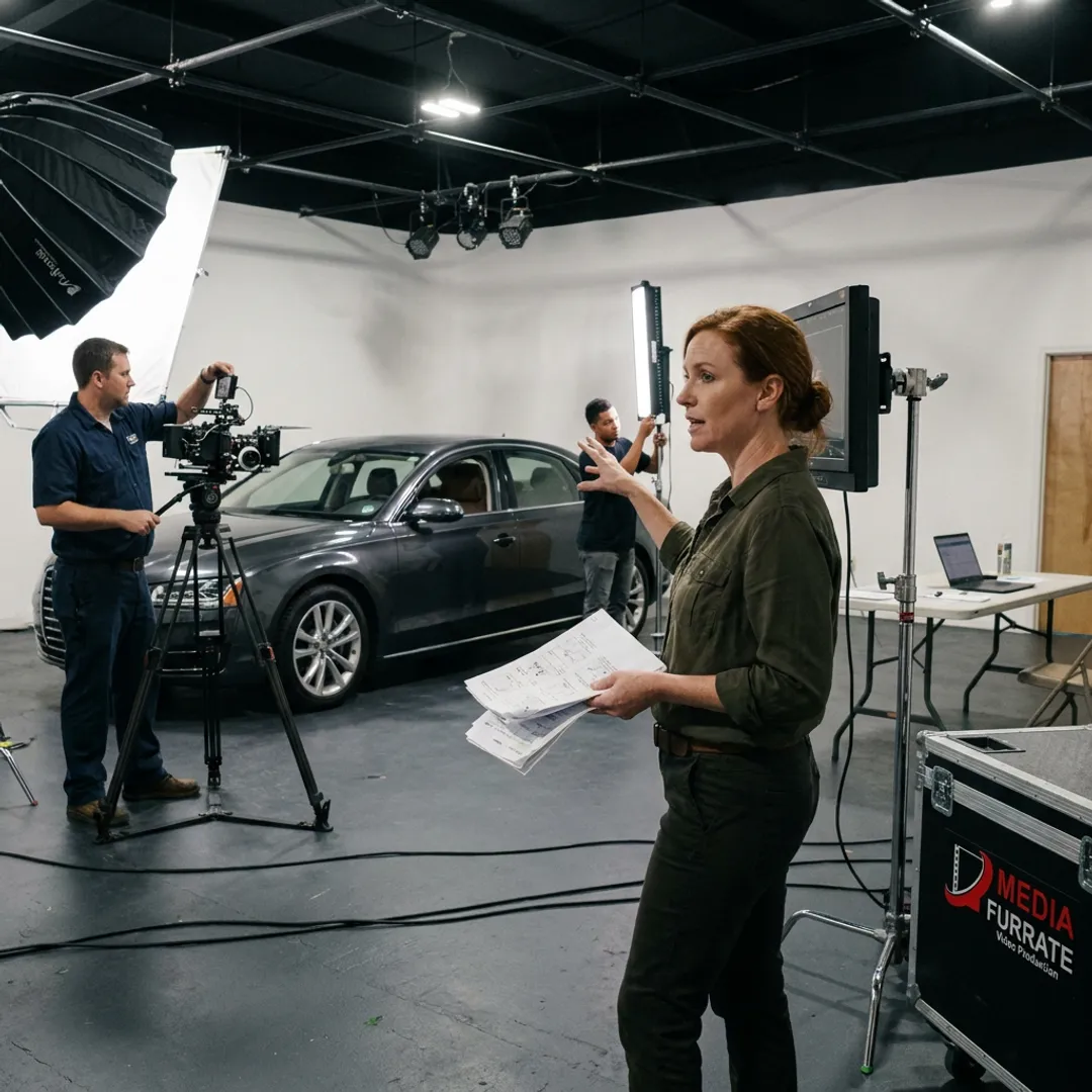 Production team directing an automotive brand video shoot