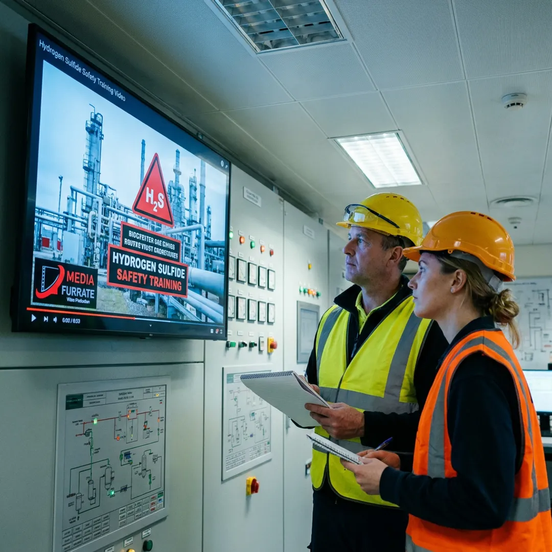 Industrial workers viewing H₂S safety training video