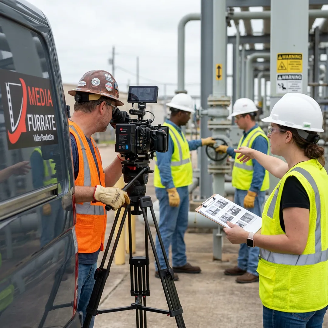 Crew filming industrial safety training procedures