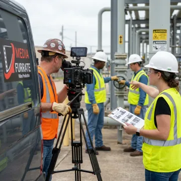 Crew filming industrial safety training procedures